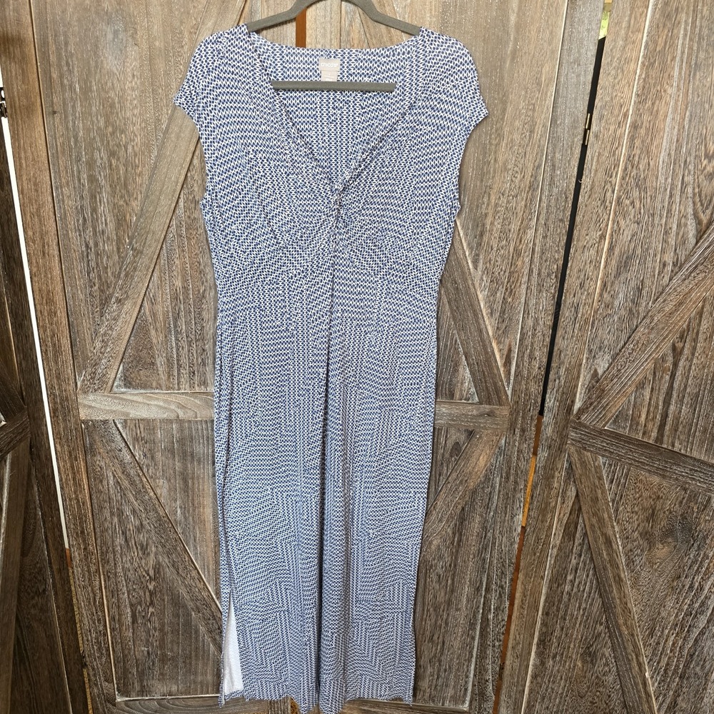 Chico's Dress Women's Size 8/10 Blue & White Geometric Print Empire Waist Long